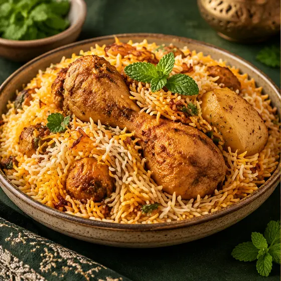 Illustrative photo of Karachi chicken biryani with basmati rice and potato
